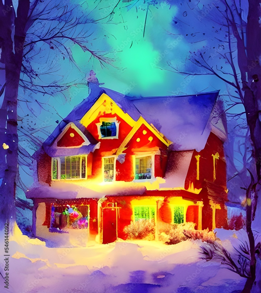 In the picture, there are houses with Christmas decorations. The lights