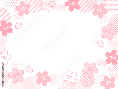 手描き風の桜とドットとストライプ柄の円のポップなフレーム