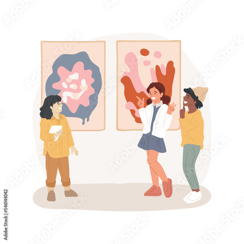 Art museum trip isolated cartoon vector illustration. Students stand in front of painting, visit modern art gallery exhibition, class field trip, guided school tour to museum vector cartoon.