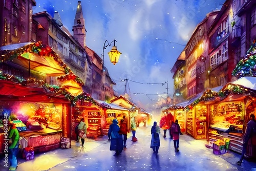 This is a beautiful Christmas market evening. The lights are shining and the snow is sparkling. The stalls are full of festive treats and there's a lovely atmosphere. © dreamyart
