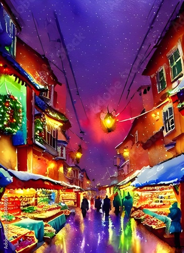 The Christmas market is bustling with people, the air filled with the smell of mulled wine and gingerbread. The stalls are decorated with fairy lights and beautiful handmade trinkets. There is a real  © dreamyart