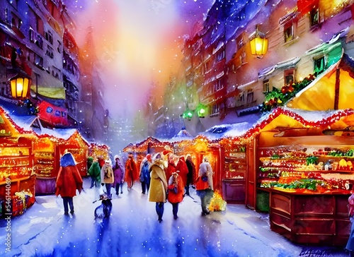 It's a cold winter evening and the Christmas market is in full swing. The spacious square is illuminated by hundreds of fairy lights, attracting people from all over the city. There's a festive atmosp