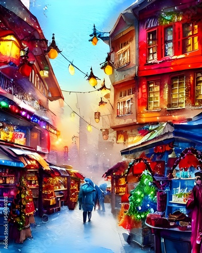 The Christmas market evening is bustling with people. The air is alive with the sound of laughter and carols. The market stalls are laden with beautiful goods, and the smell of roasted chestnuts hangs