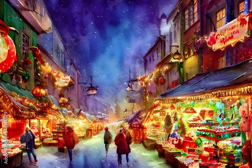 Snow is gently falling on the festive Christmas market. The air is thick with the smell of mulled wine and roasting chestnuts. Strings of lights twinkle overhead, casting a warm glow on the happy face © dreamyart