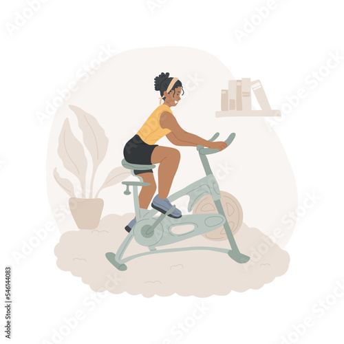 Exercise bike isolated cartoon vector illustration. Young woman riding a stationary bike, home training, people active lifestyle, physical activity, wellness exercises vector cartoon.