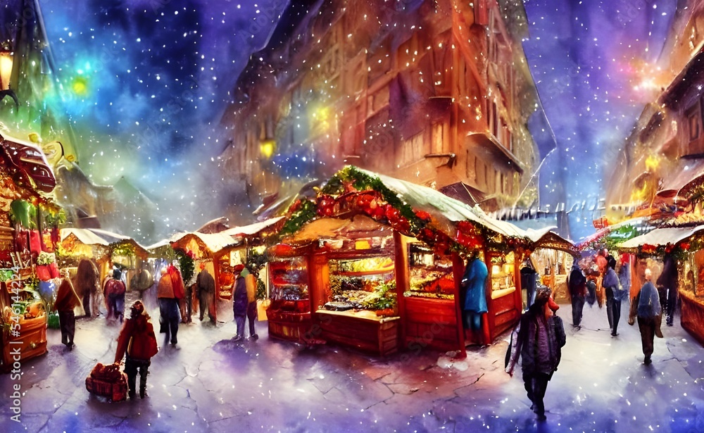 The Christmas market is bustling with people, the air filled with laughter and the smell of sugar cookies. The lights from the stalls reflect off the snow, creating a scene that feels like something o