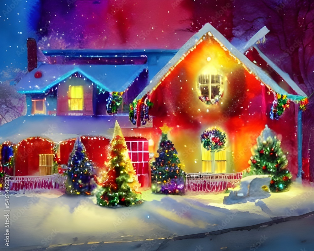 There are red and green lights around the windows, a wreath on the door, and a giant Santa Claus in the front yard. There are red and green lights around the windows, a wreath on the door, and a giant Santa Claus in the front yard.