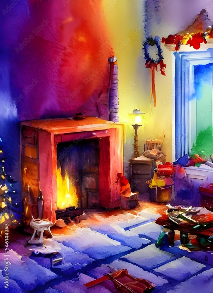 The fireplace is decorated for Christmas with a green garland and red bows. Stockings are hung from the mantel, and a fire burns in the grate. The fireplace is decorated for Christmas with a green garland and red bows. Stockings are hung from the mantel, and a fire burns in the grate.