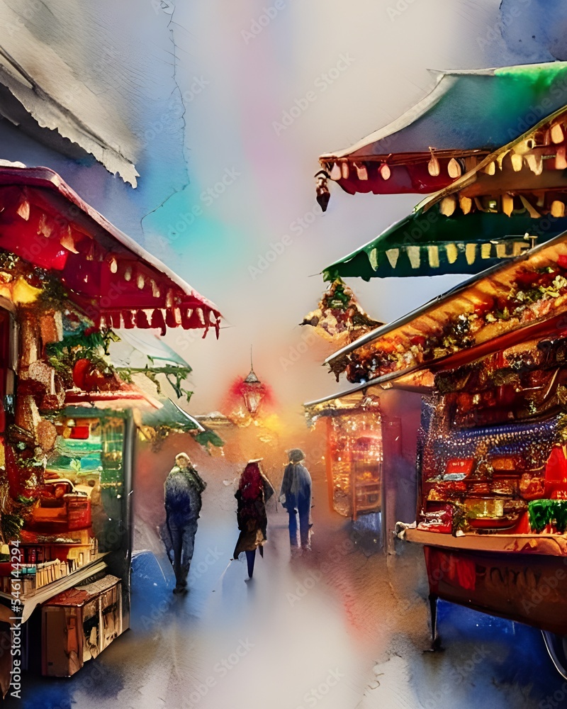 Naklejka premium The Christmas market is bustling with people. The stalls are decorated with lights and there is a feeling of excitement in the air.