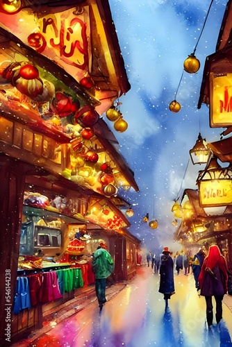 The Christmas market is bustling with people and the air smells of mulled wine. The lights twinkle in the dark night sky and the stalls are laden with festive treats.