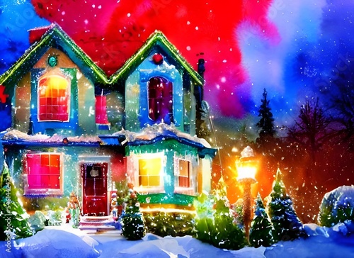 The house is adorned with Christmas cheer, from the icicle lights on the roof to the giant inflatable Santa in the front yard. The windows are lined with candles and garlands, and a wreath hangs on th