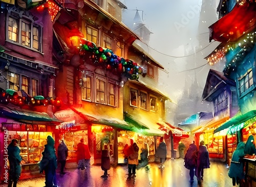 It's a cold but cheerful evening, and the Christmas market is in full swing. The stalls are decorated with lights and festive greenery, selling everything from handmade gifts to delicious food. There'