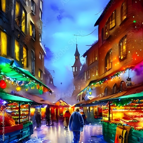 The air is thick with the scent of roasted chestnuts and spiced mulled wine. Strings of fairy lights twinkle overhead, casting a warm glow on the faces of the people milling around the market stalls. 