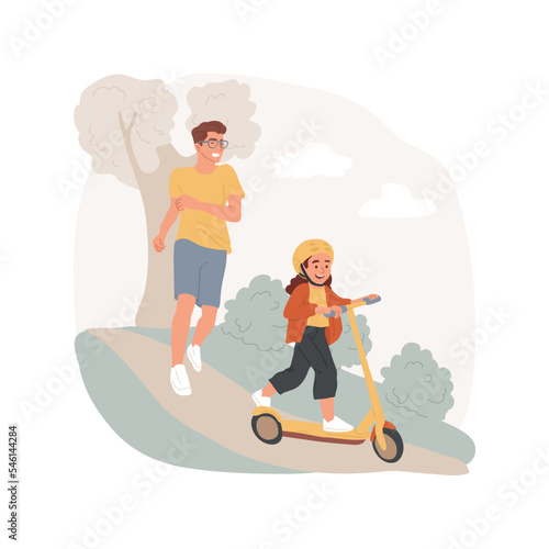 Learn to ride a scooter isolated cartoon vector illustration. Happy kid in a helmet learning to ride a scooter, physical activity outdoors, leisure time with pleasure vector cartoon.