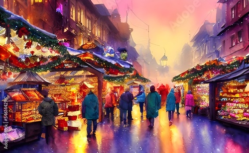 The evening air is chill and the market stalls are strung with white lights. The smell of roasted chestnuts and gingerbread fill the air, mingling with the sound of laughter and carols. Vendors sell h