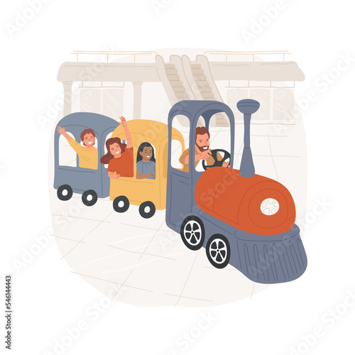 Mall train ride isolated cartoon vector illustration. Kids riding a little train indoors, mall entertainment, entertainment in a store, recreation for children, family shopping vector cartoon.
