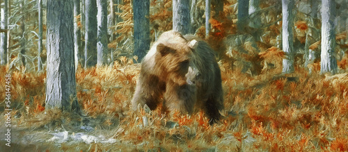 Big brown bear in the forest, wide panoramic view
