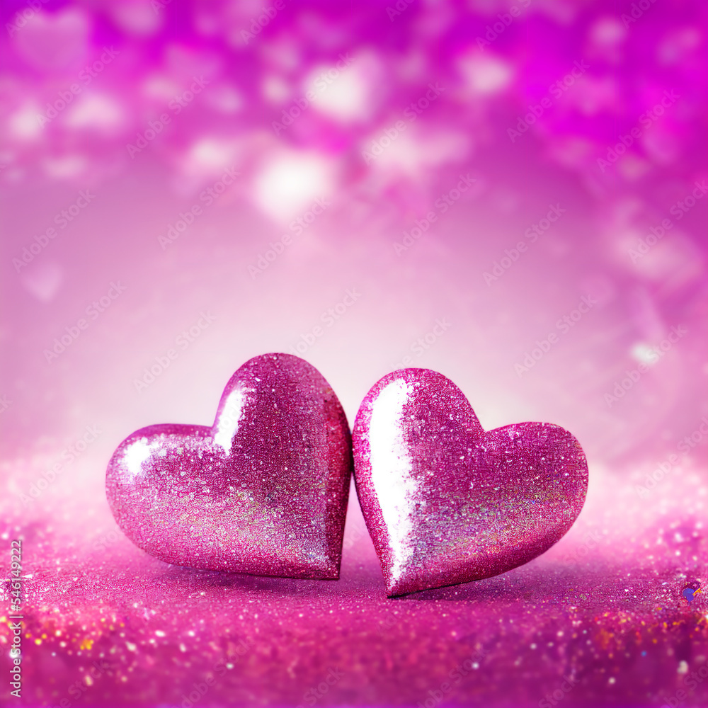 Fototapeta premium hearts on a red background, valentines card, Two Hearts On Pink Glitter In Shiny Background - Valentine's Day Concept