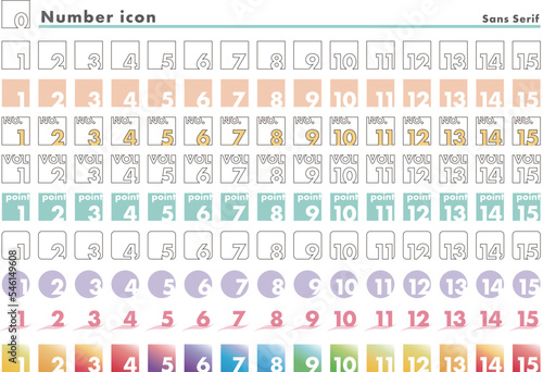 カラフルな番号（数字）アイコンのセット【sans serif】