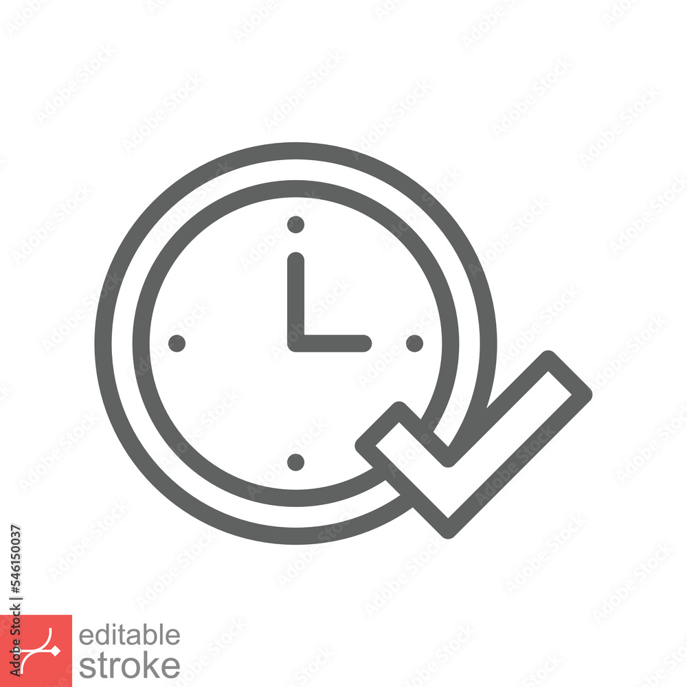 Check mark on clock icon. Simple outline style. Real time protection, perfect hour, circle watch, timer concept. Thin line vector illustration isolated on white background. Editable stroke EPS 10.