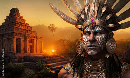 The great priest of the Aztecs near the pyramid. Realistic digital illustration. Fantastic Background. Concept Art. CG Artwork. photo