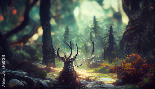 Stunning image of deer stag in foggy autumn green forest landscape image.