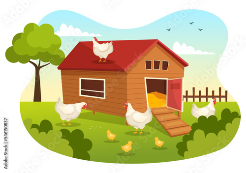 Poultry Farming with Farmer, Cage, Chicken and Egg Farm on Green Field Background View in Hand Drawn Cute Cartoon Template Illustration