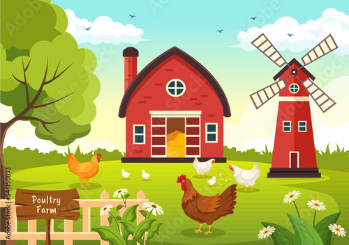 Poultry Farming with Farmer, Cage, Chicken and Egg Farm on Green Field Background View in Hand Drawn Cute Cartoon Template Illustration