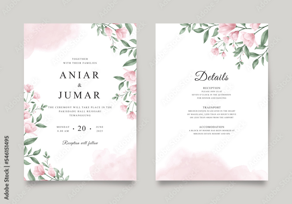 Beautiful wedding invitation template with pink flowers and green leaves