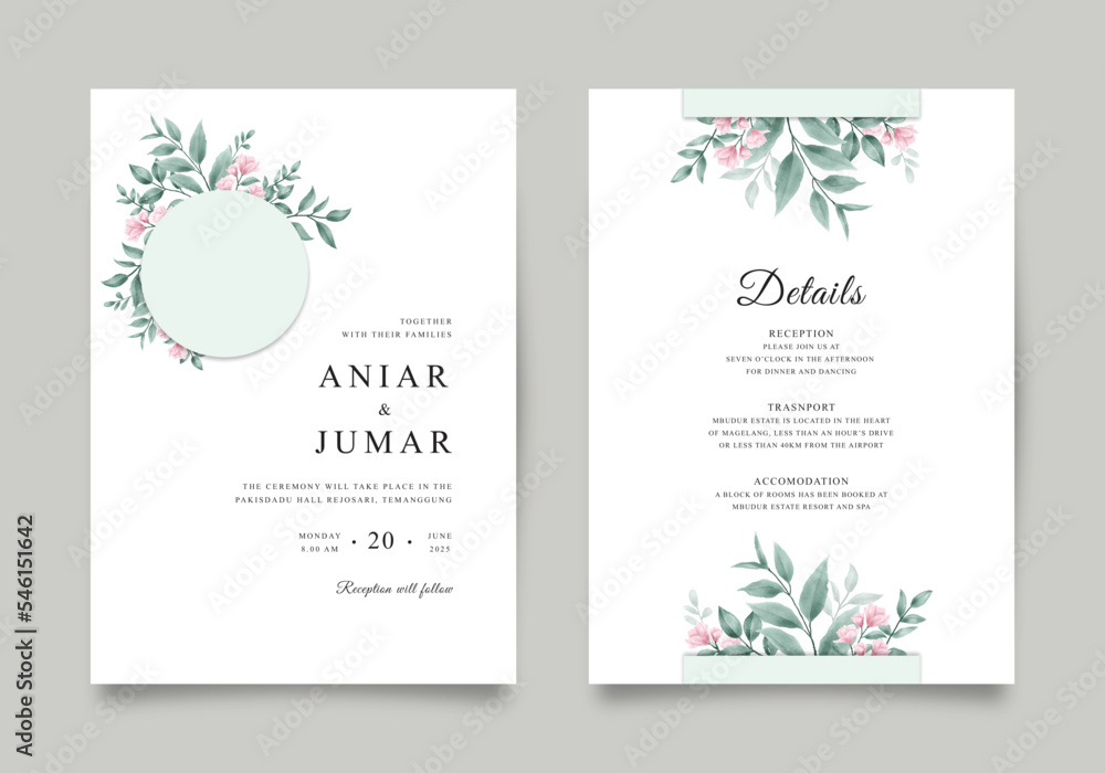 Minimalist wedding invitation with beautiful watercolor floral