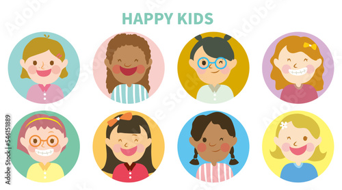 Set of 8 happy kids avatar. Collection of 8 school little gils happy face portrait. Happy talking with friend. Happy school student, Sets of children with round color brick background. Half body kids.