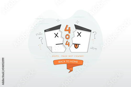 Vector Illustration, Split web page showing 404 page not found and orange back to menu button, flat design style
