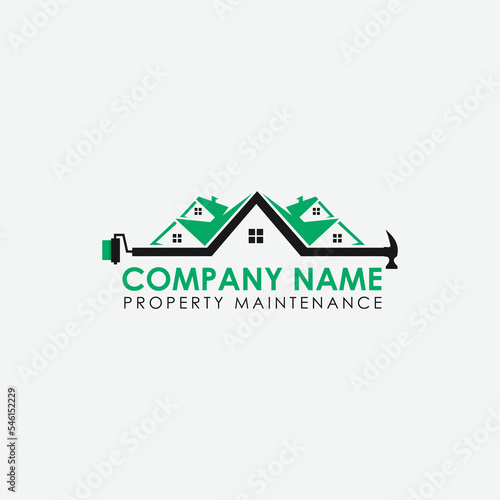 property maintenance house remodel and renovation real estate logo with paint brush and hammer