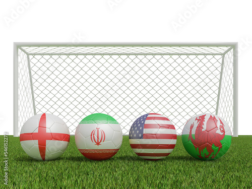  soccer balls in flags colors on soccer field .  3d rendering of group B photo