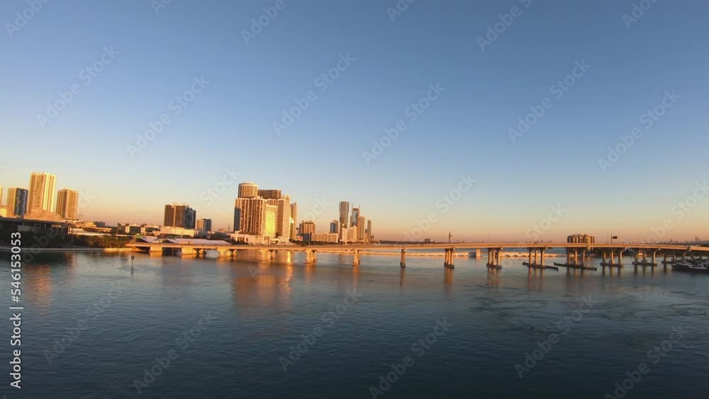 Panoramic view of Miami skyline with Biscayne bay during sunset video background in 4K Panoramic view of Miami skyline with Biscayne bay during sunset video background in 4K