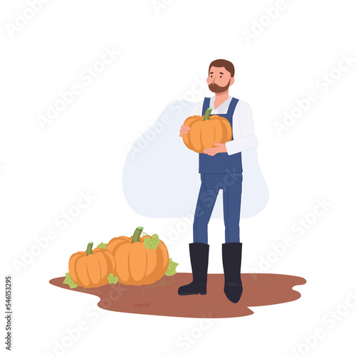 man farmer holding ripe pumpkin during harvesting in autumn. Flat vector cartoon character illustration.