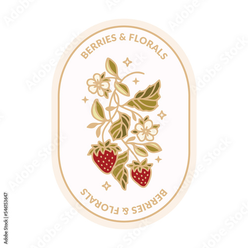 Set of vintage linear hand drawn botanical strawberry  leaf branch vector logo and label elements