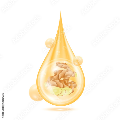 Drop serum ginger (Zingiber officinale). Vitamin collagen anti aging serum. Natural skincare cosmetic. Water droplets orange with oxygen bubbles isolated on white background. Realistic 3d vector.