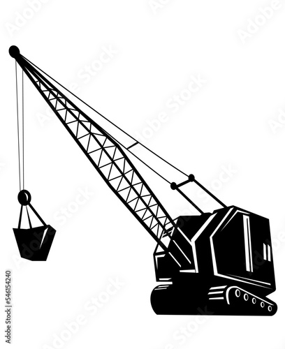 Illustration of a mining crane or mining hoist with boom viewed from low angle side on isolated background done in black and white retro woodcut style.
