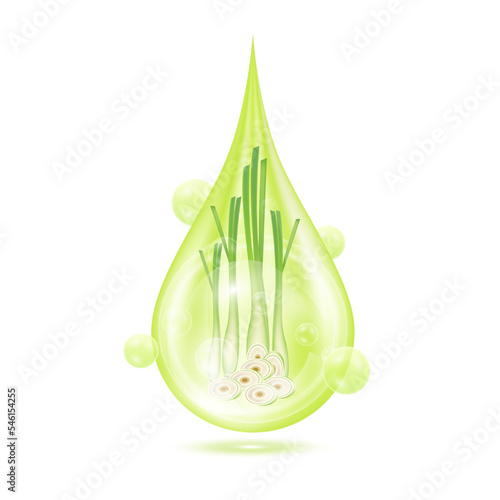 Drop serum lemon grass (Cymbopogon citratus). Vitamin collagen anti aging serum. Natural skincare cosmetic. Water droplets green with oxygen bubbles isolated on white background. Realistic 3d vector.