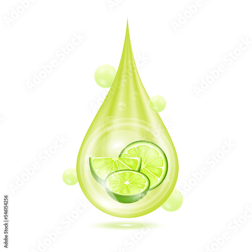 Drop serum liam. Vitamin collagen anti aging serum. Natural skincare cosmetic. Water droplets green with oxygen bubbles isolated on white background. Realistic 3d vector.