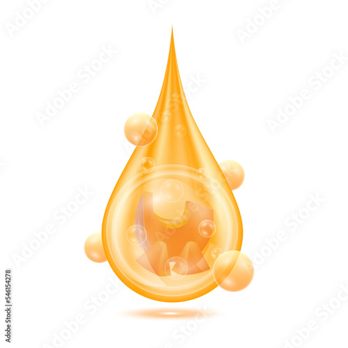Drop serum pumpkin. Vitamin collagen anti aging serum. Natural skincare cosmetic. Water droplets orange with oxygen bubbles isolated on white background. Realistic 3d vector.