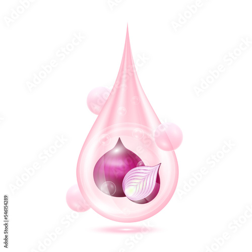 Drop serum shallot. Vitamin collagen anti aging serum. Natural skincare cosmetic. Water droplets pink with oxygen bubbles isolated on white background. Realistic 3d vector.