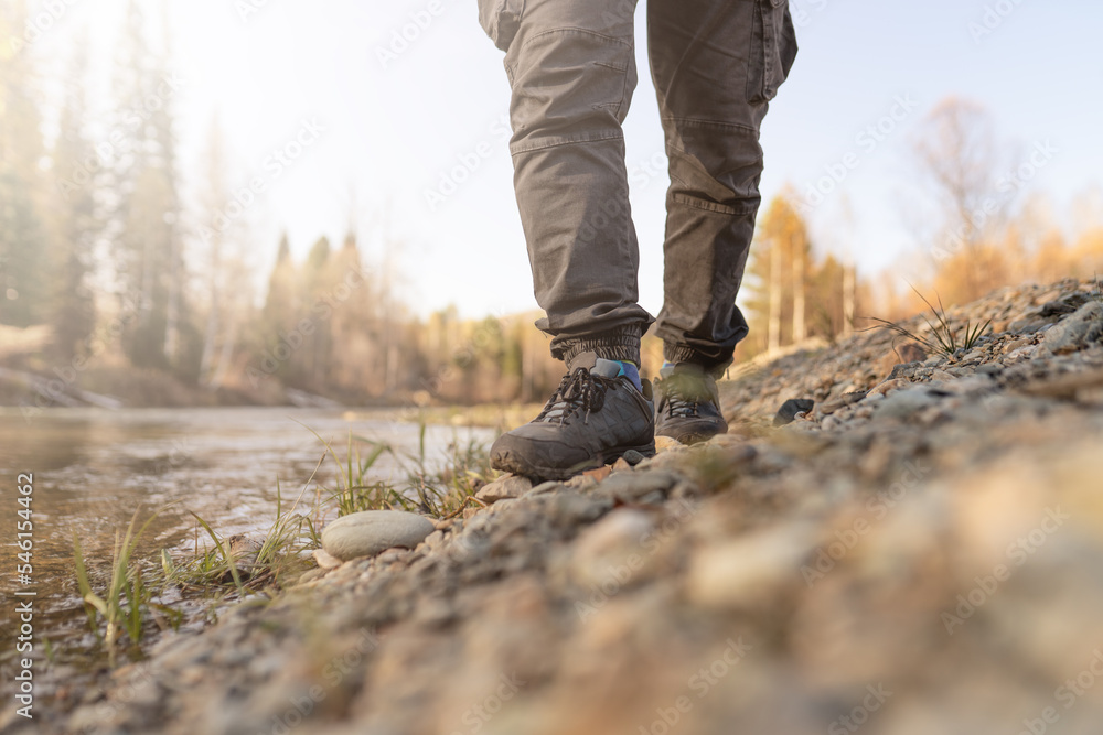 Mens walking in autumn forest Mens walking in autumn forest