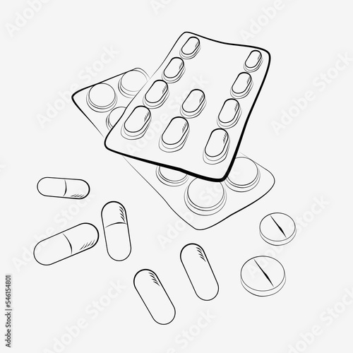 simple vector sketch top view, stack of pills and capsules