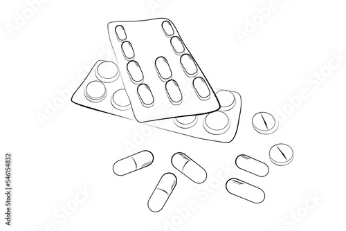 simple vector sketch top view, stack of pills and capsules