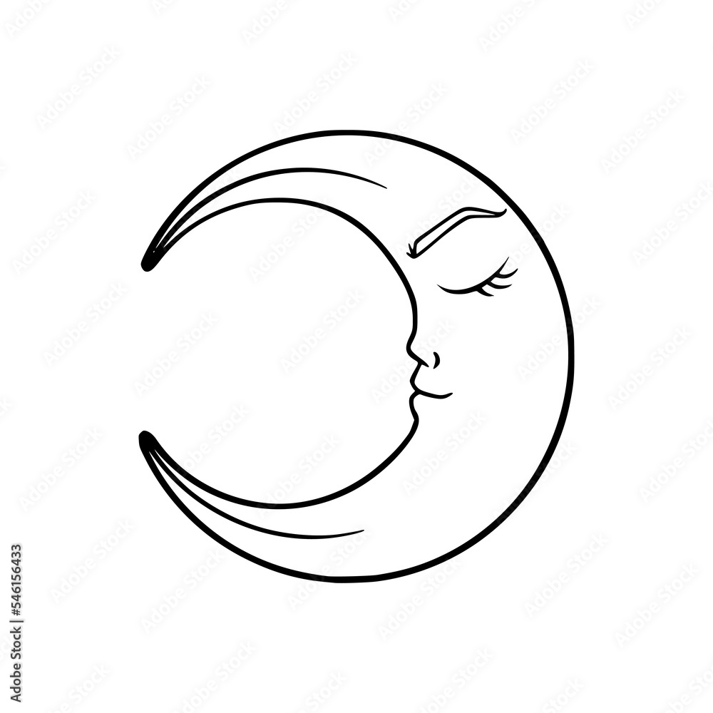 Tarot crescent moon sketch. Spiritual tarot moon with face. Vector illustration isolated in white background Tarot crescent moon sketch. Spiritual tarot moon with face. Vector illustration isolated in white background