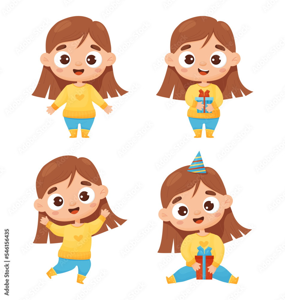 Cute girl collection. Happy child, birthday boy with gift, sits and stands. Vector illustration in cartoon style. Isolated characters for card, design, decor, print and kids collection Cute girl collection. Happy child, birthday boy with gift, sits and stands. Vector illustration in cartoon style. Isolated characters for card, design, decor, print and kids collection