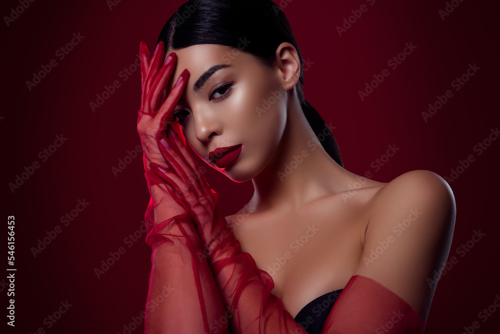 Fototapeta premium Portrait of magnificent lady wearing red hand accessories black bra look attractive isolated on maroon color background