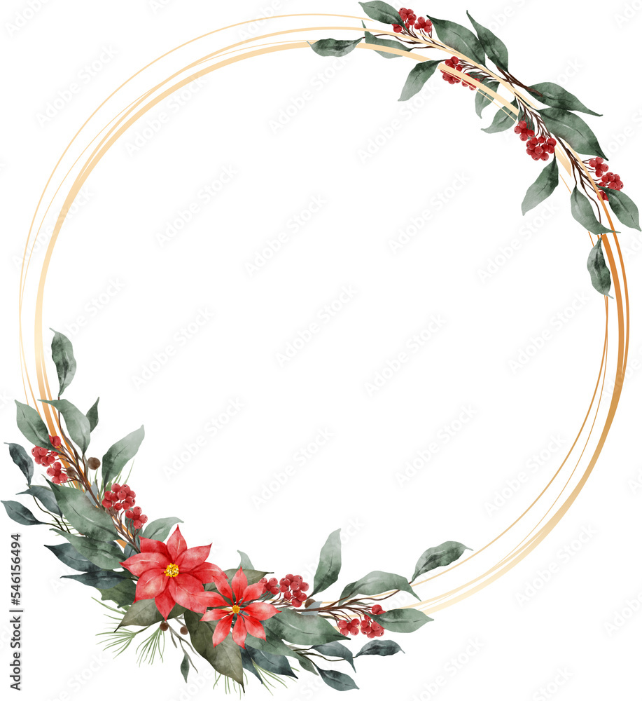 Fototapeta premium Christmas Leaf Flowers Watercolor Geometric Gold Frame